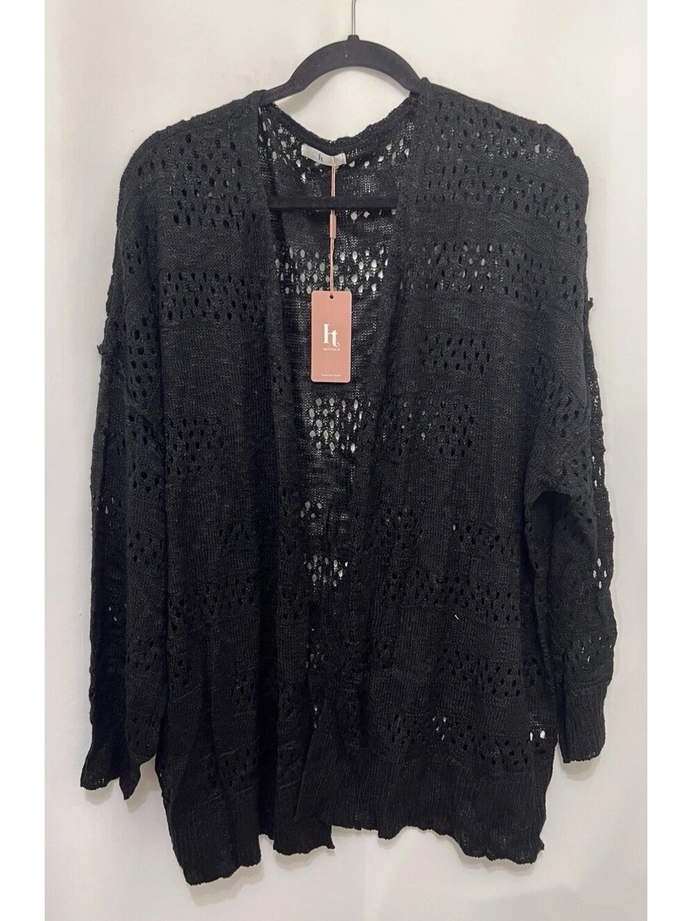 New Hotouch Women’s Black Open Knit Crochet Cardigan Sweater Size L NWT